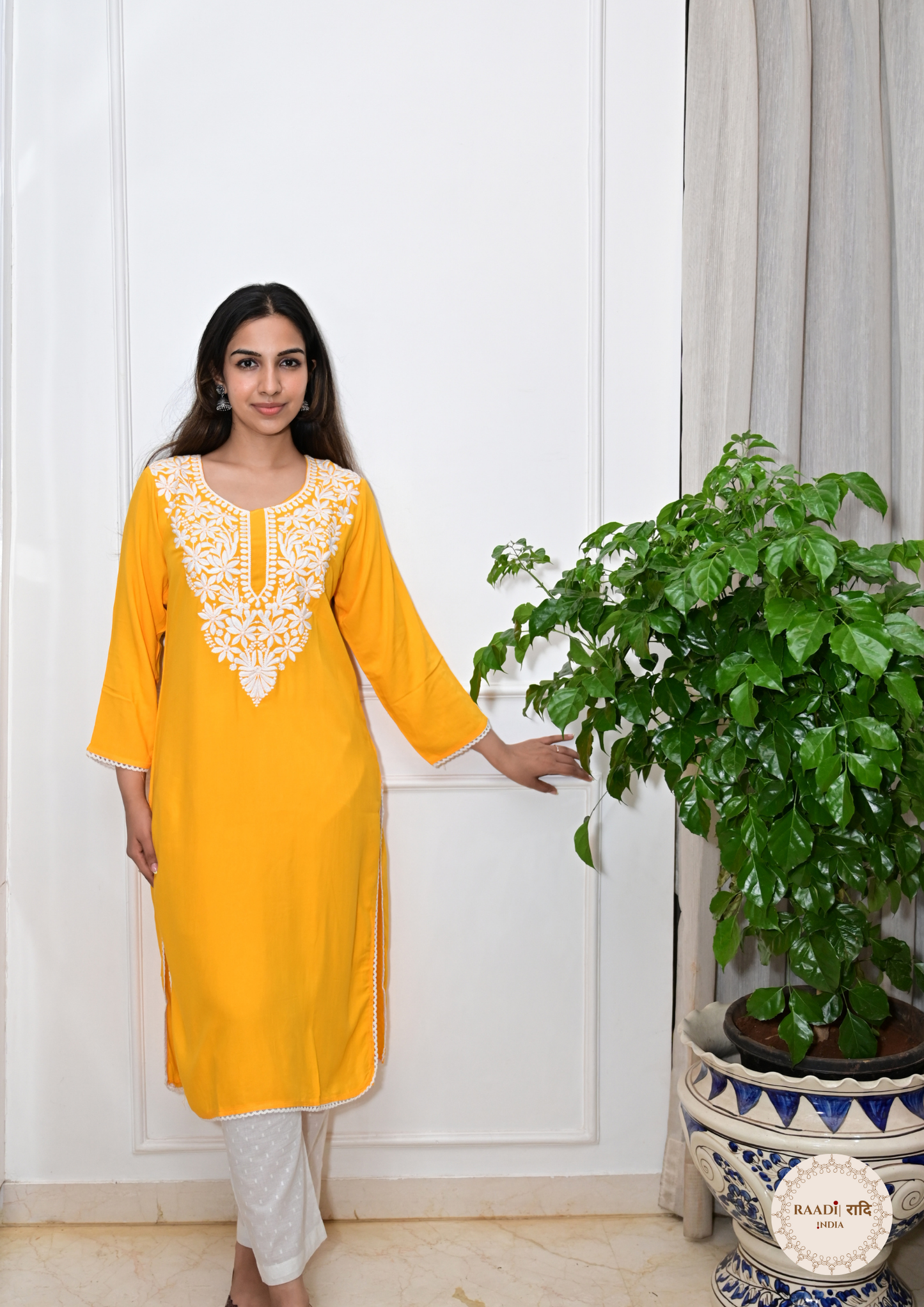 Rayon Chikankari Kurti from Lucknow-Yellow