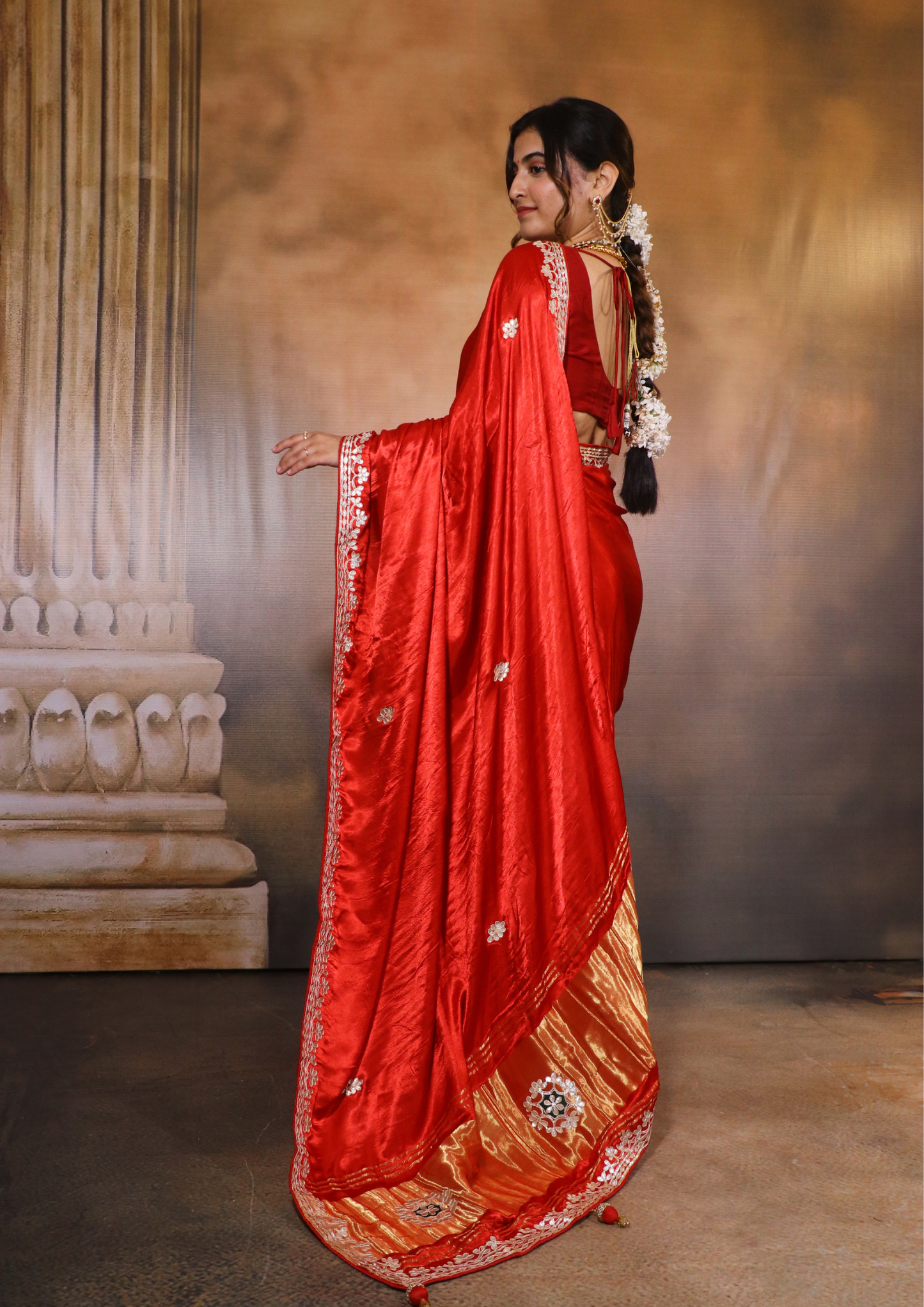 Modal Gajji Silk Gota Patti Saree-Red