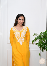 Rayon Chikankari Kurti from Lucknow-Yellow