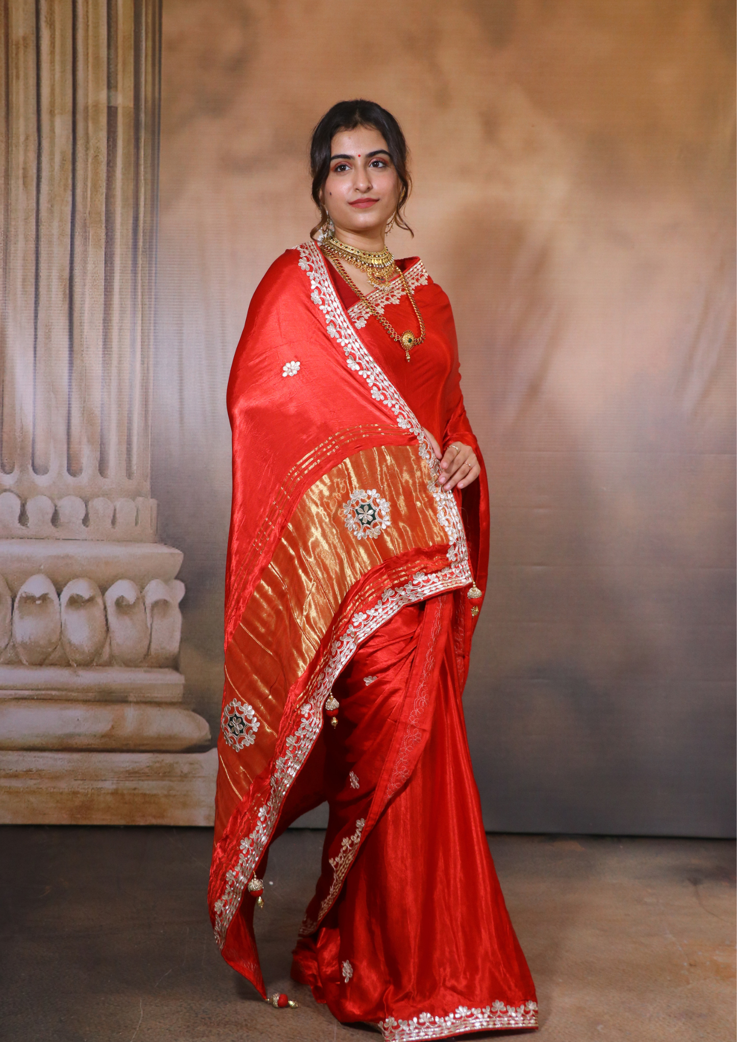 Modal Gajji Silk Gota Patti Saree-Red