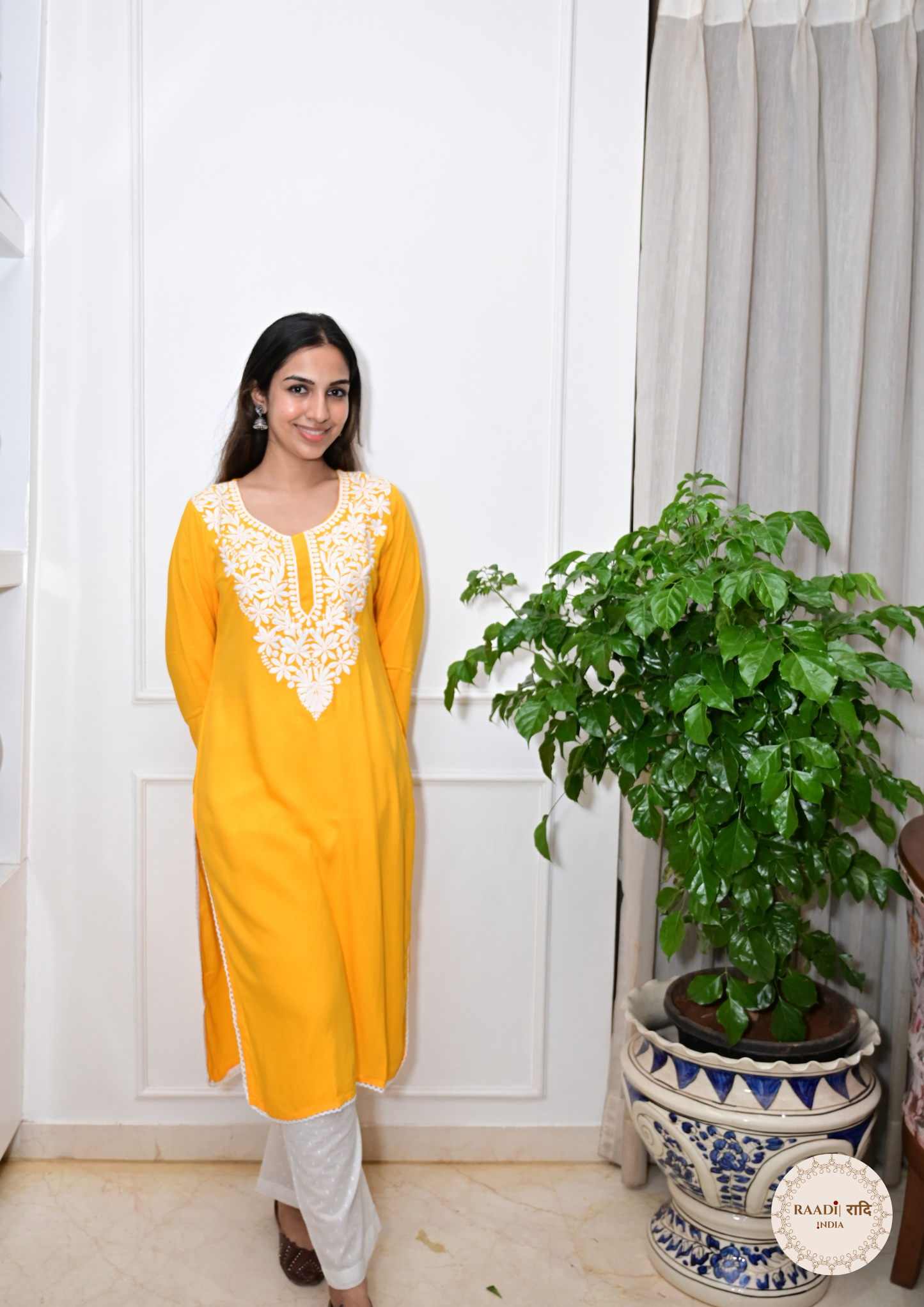 Rayon Chikankari Kurti from Lucknow-Yellow