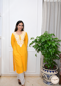 Rayon Chikankari Kurti from Lucknow-Yellow