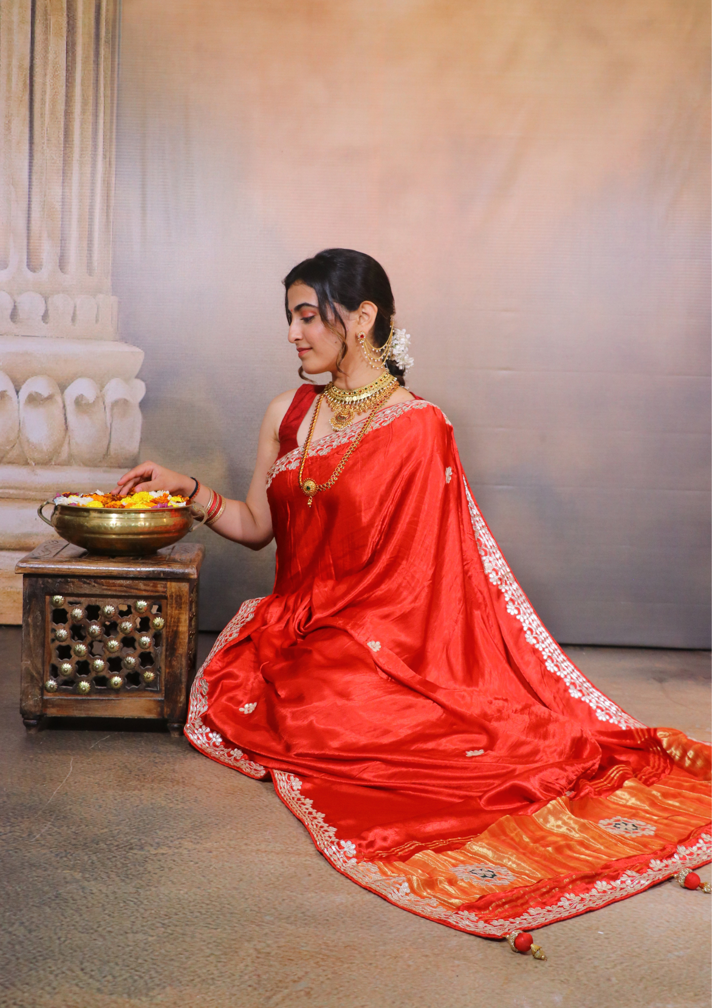 Modal Gajji Silk Gota Patti Saree-Red