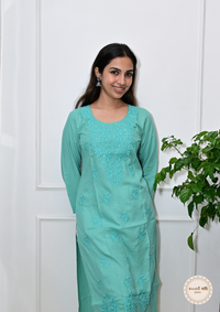 Rayon Chikankari Kurti from Lucknow-Turqouise