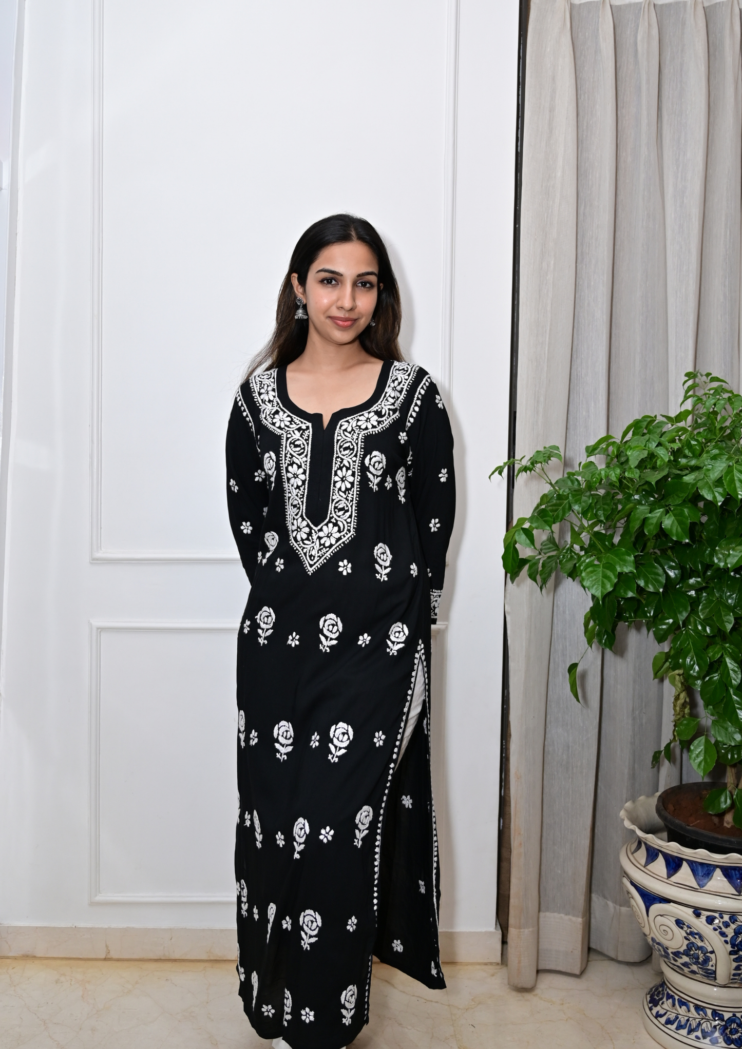 Modal Kurti With Roses Handcrafted All-Over From Lucknow- Black