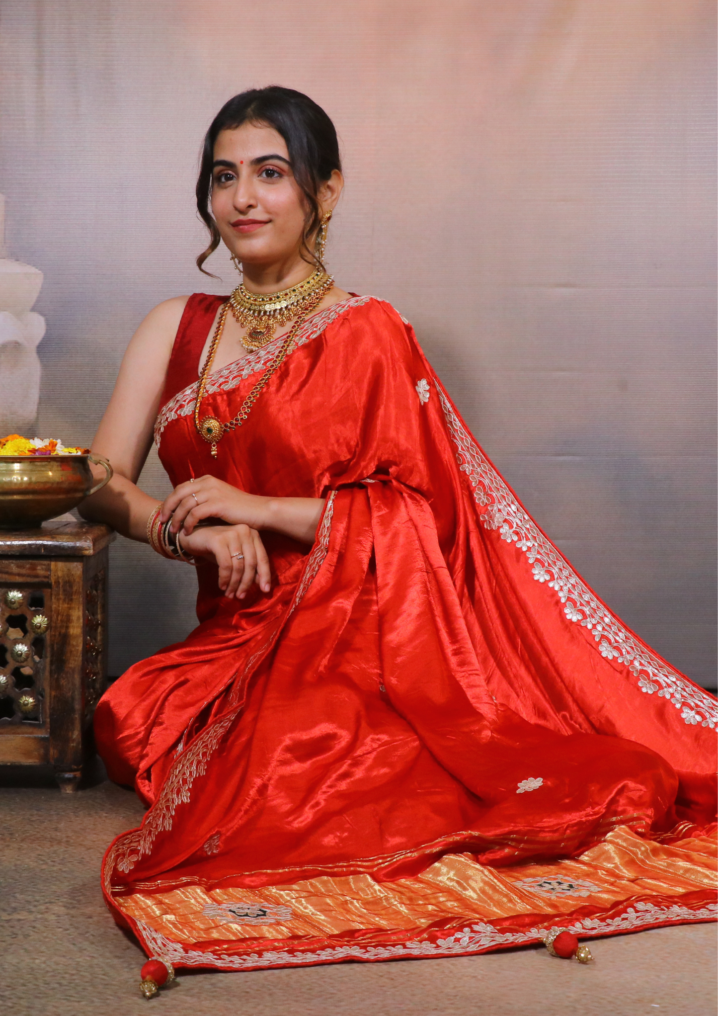 Modal Gajji Silk Gota Patti Saree-Red