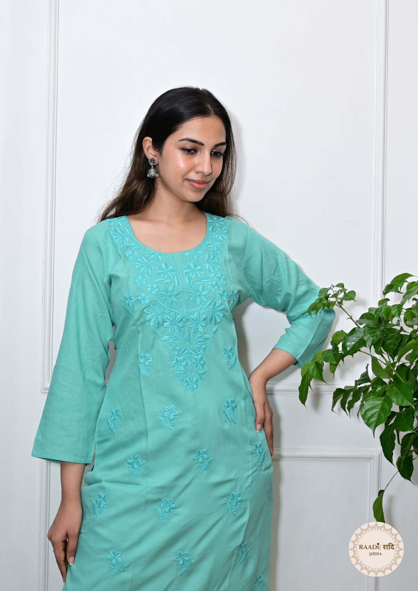 Rayon Chikankari Kurti from Lucknow-Turqouise