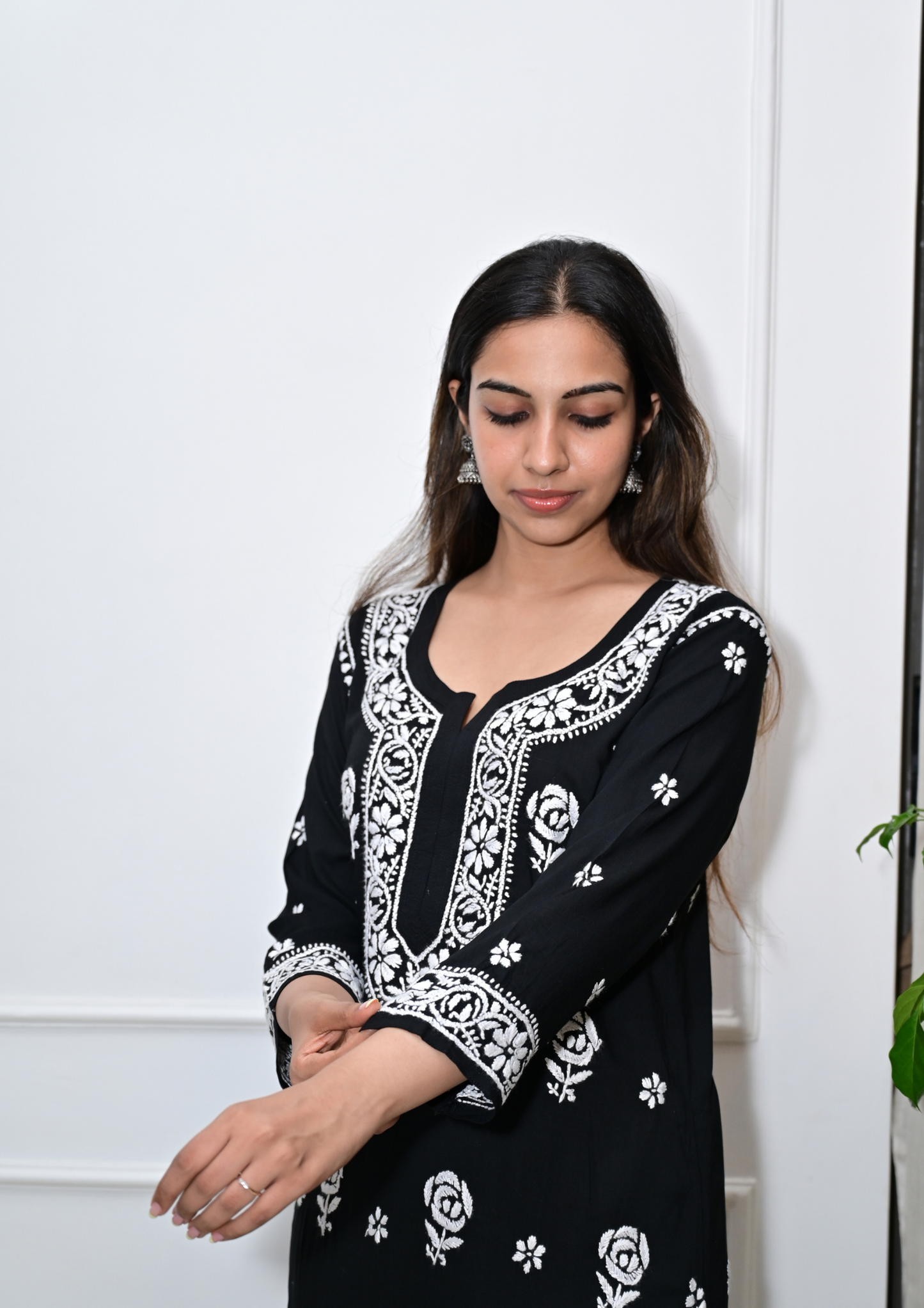 Modal Kurti With Roses Handcrafted All-Over From Lucknow- Black