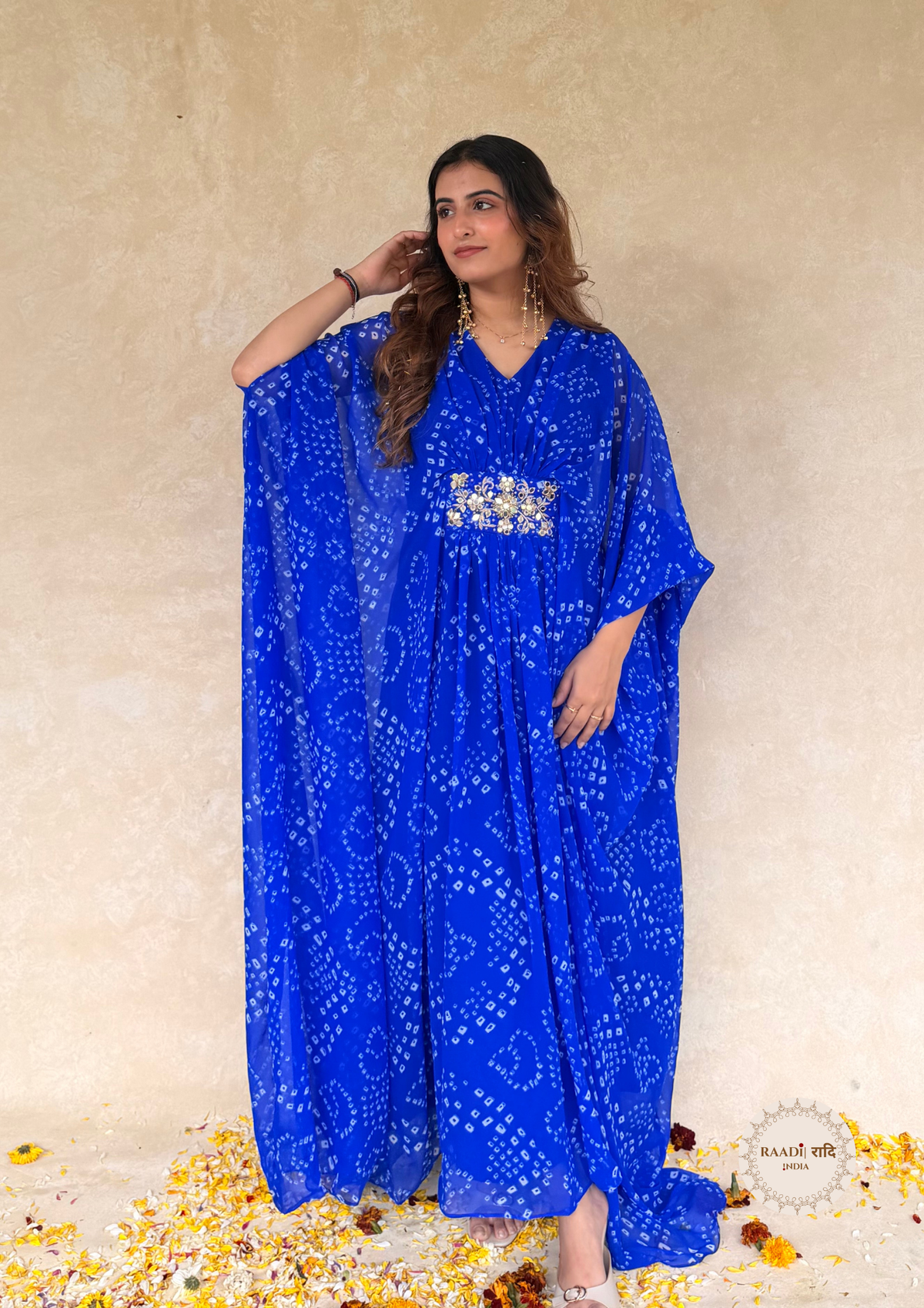 Georgette Ink Blue Bandhani Kaftaan With Handdone Mirror Work