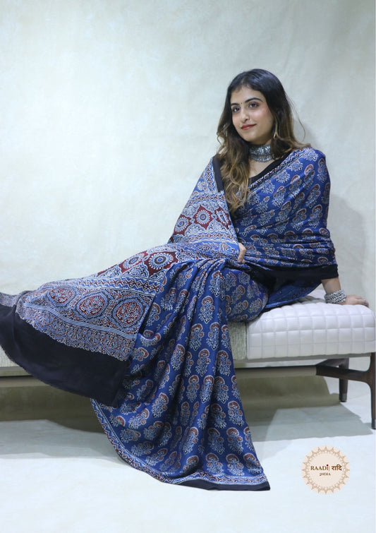 Ajrakh Modal Silk Saree from Kutch – Handcrafted with Natural Dyes