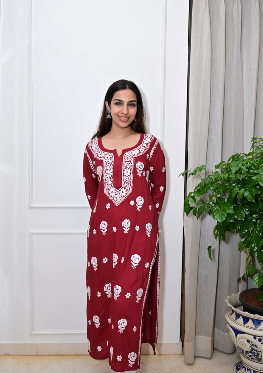 Modal Kurti With Roses Handcrafted All-Over From Lucknow-Maroon