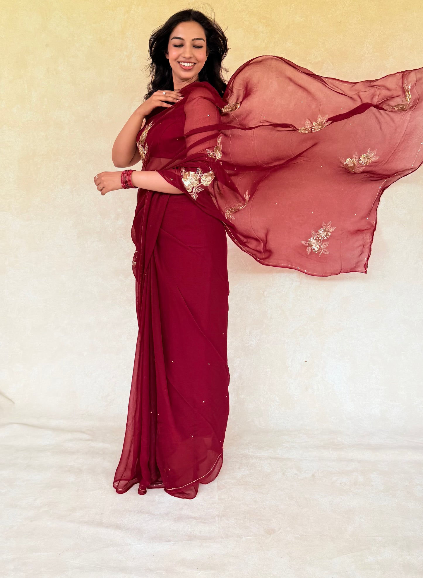 Handcrafted Rajputi Pure Chiffon Saree, Made in Jaipur- Cherry Red