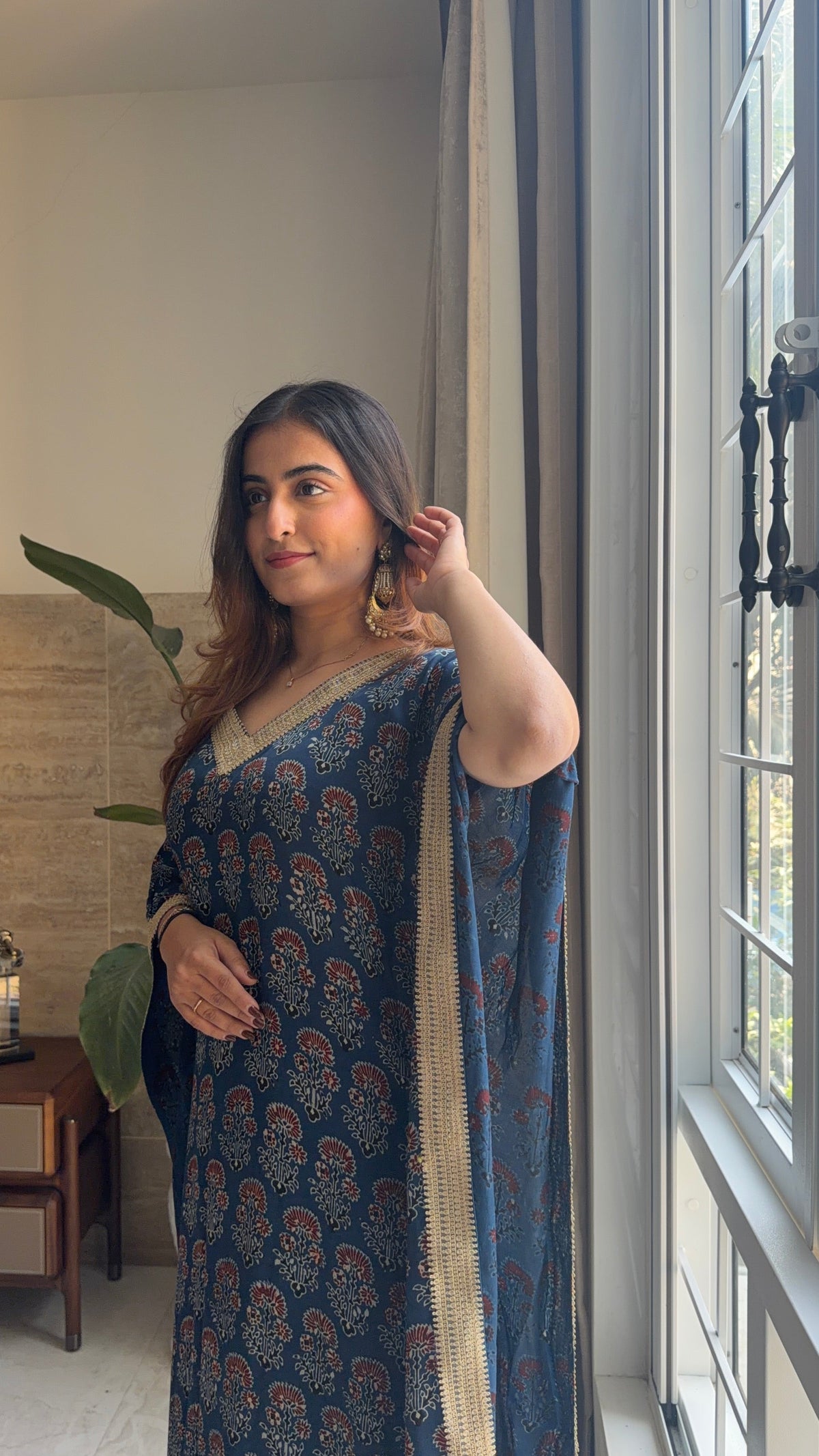 Handcrafted Indigo Ajrakh Kaftan with Gota Patti Detailing