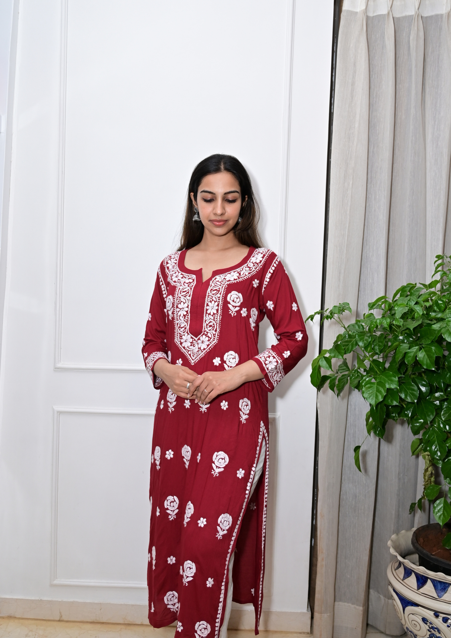 Modal Kurti With Roses Handcrafted All-Over From Lucknow-Maroon