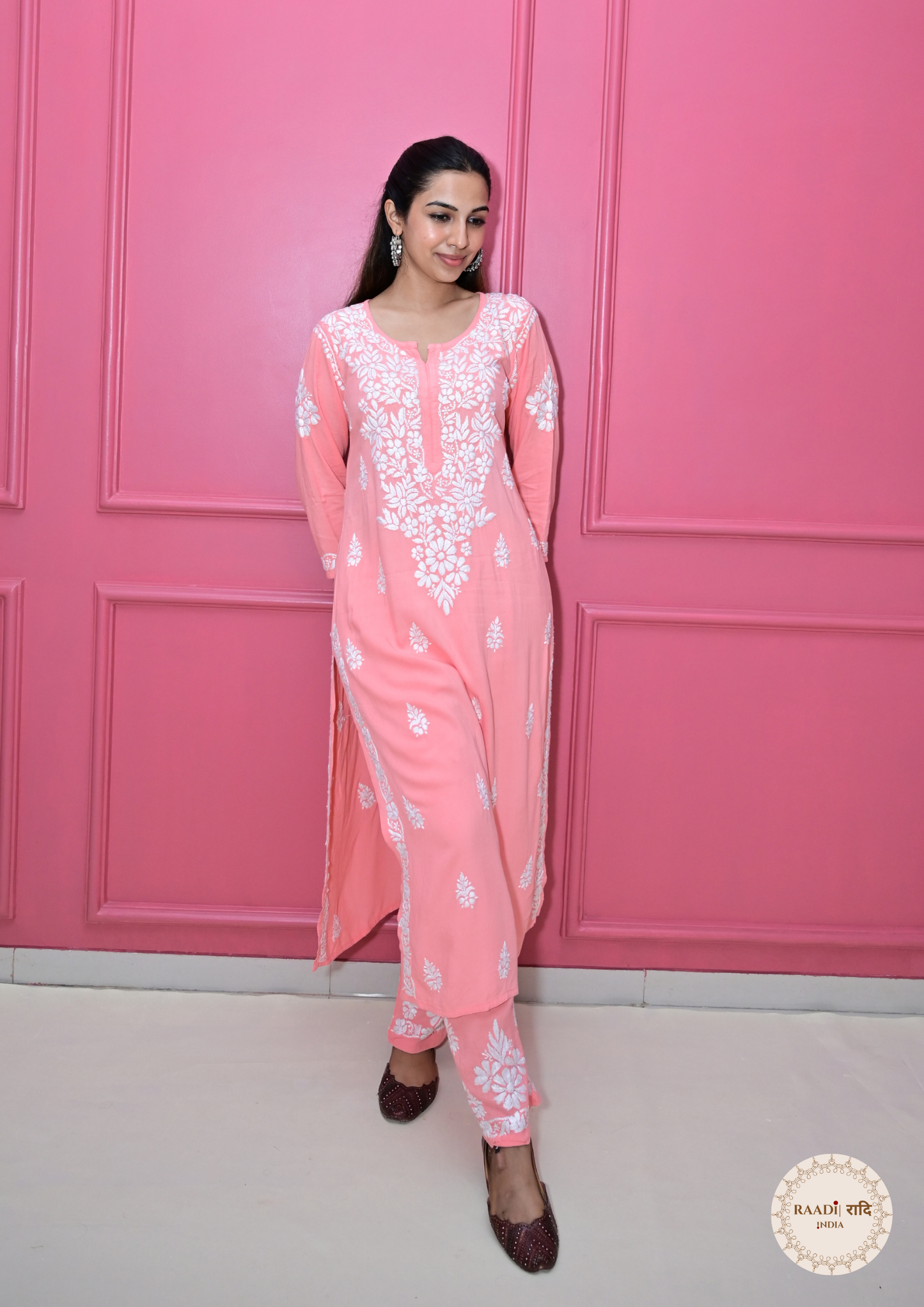 Modal Kurta and Pants Set with Lucknowi Embroidery-Peach Pink