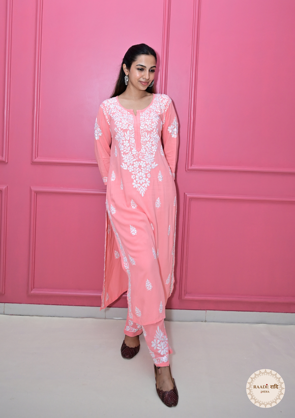 Modal Kurta and Pants Set with Lucknowi Embroidery-Peach Pink