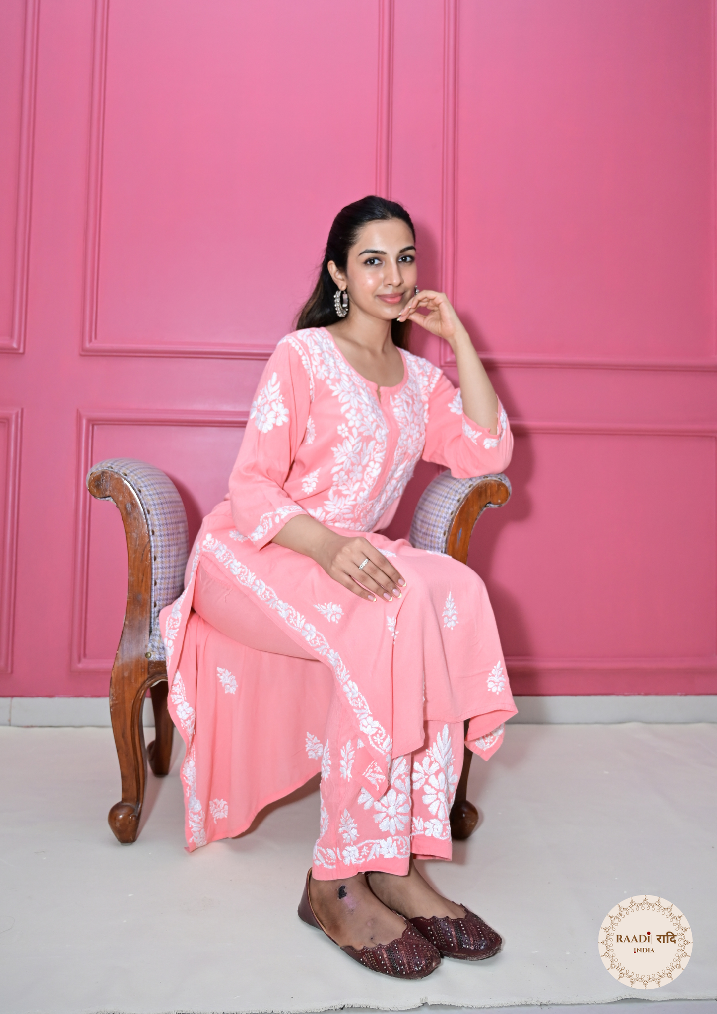 Modal Kurta and Pants Set with Lucknowi Embroidery-Peach Pink