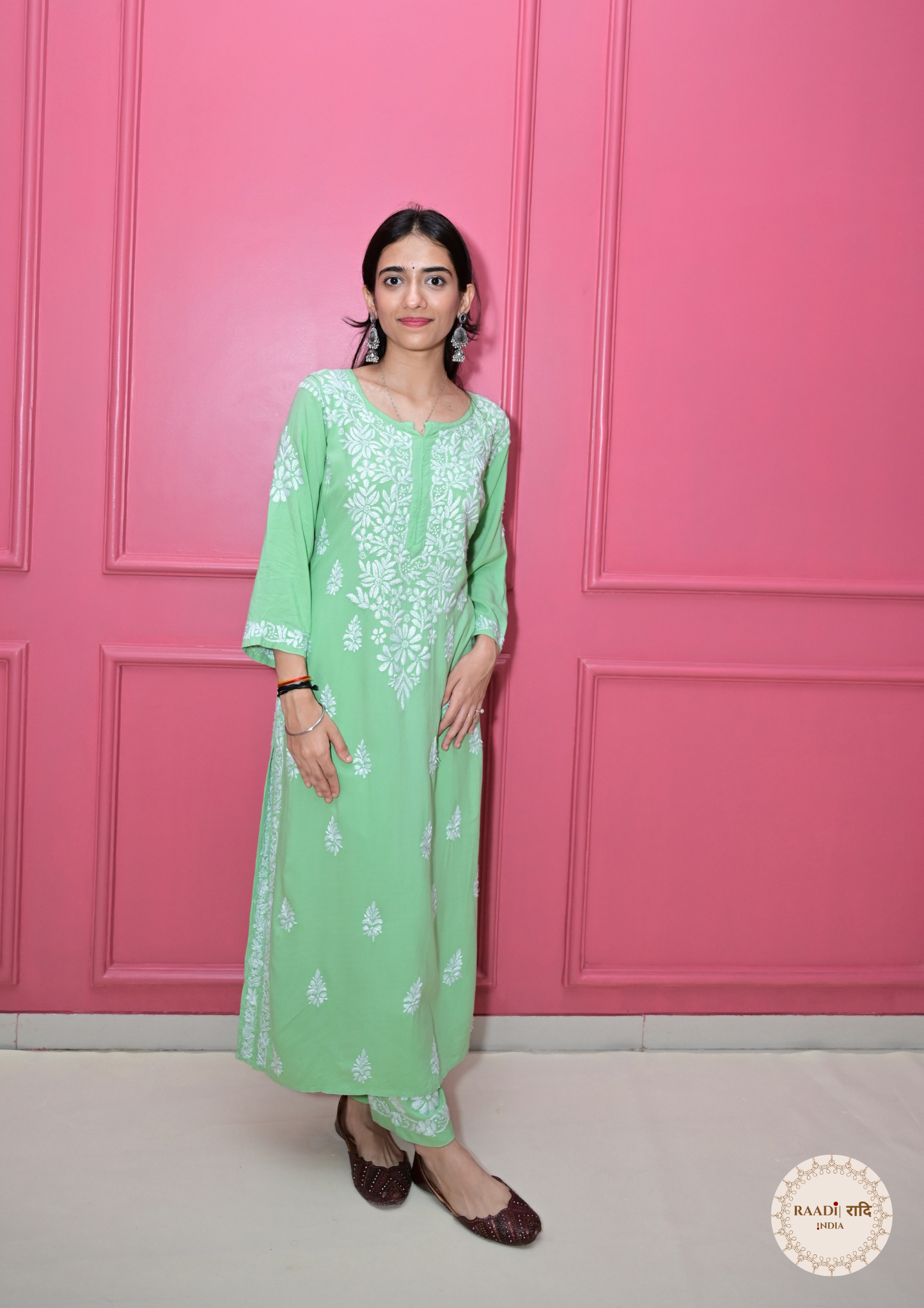 Modal Kurta and Pants Set with Lucknowi Embroidery- Pista Green