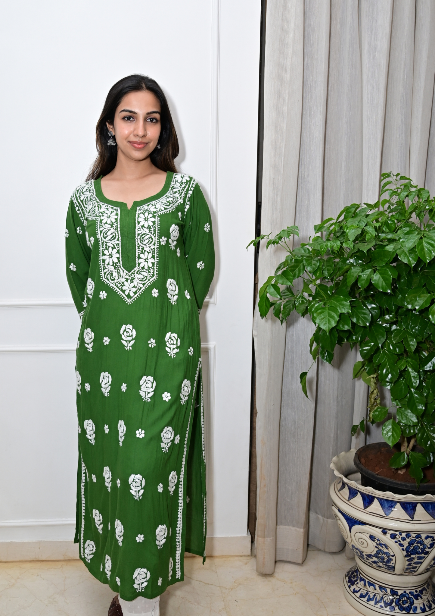Modal Kurti With Roses Handcrafted All-Over, From Lucknow- Mehendi Green