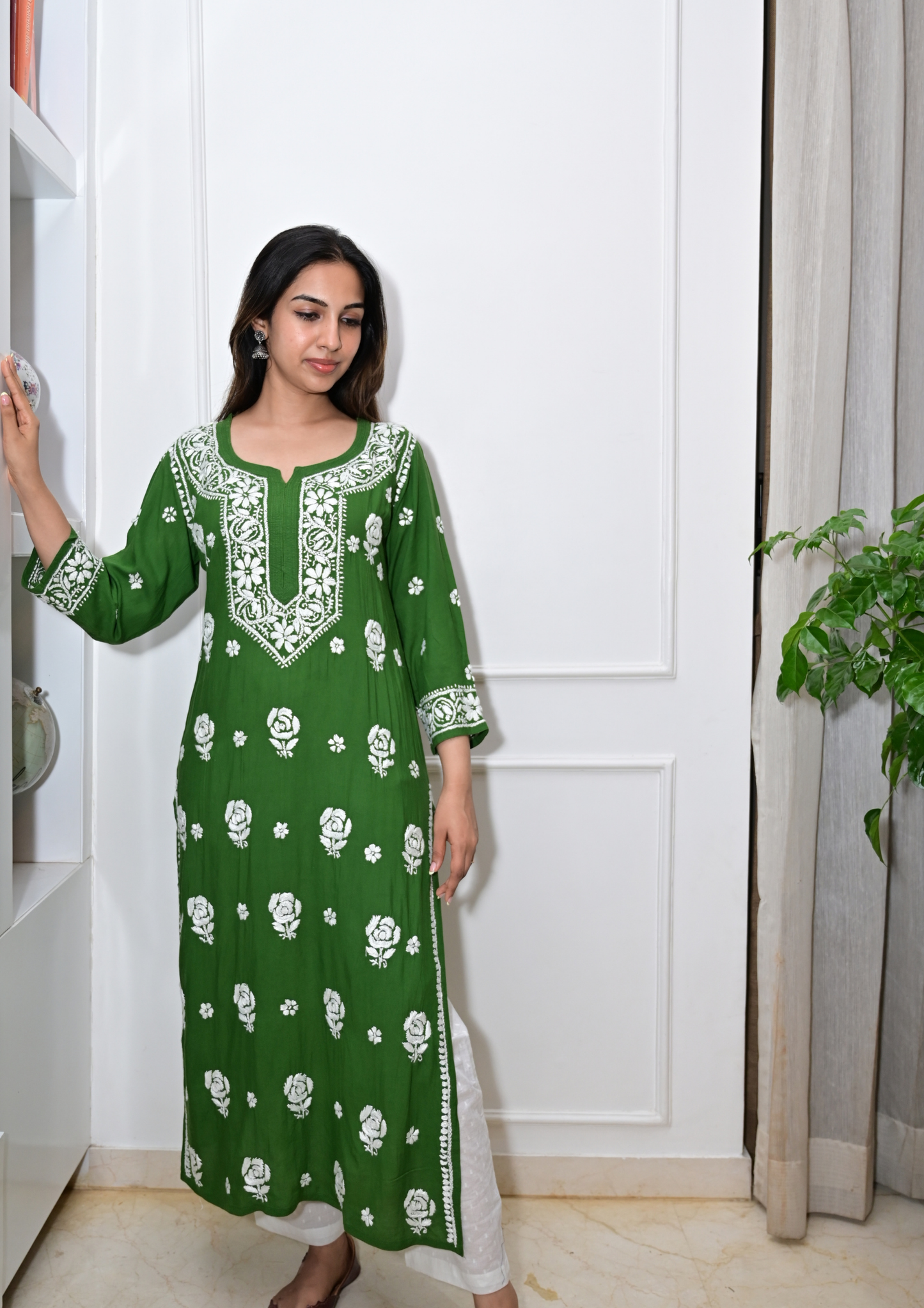 Modal Kurti With Roses Handcrafted All-Over, From Lucknow- Mehendi Green