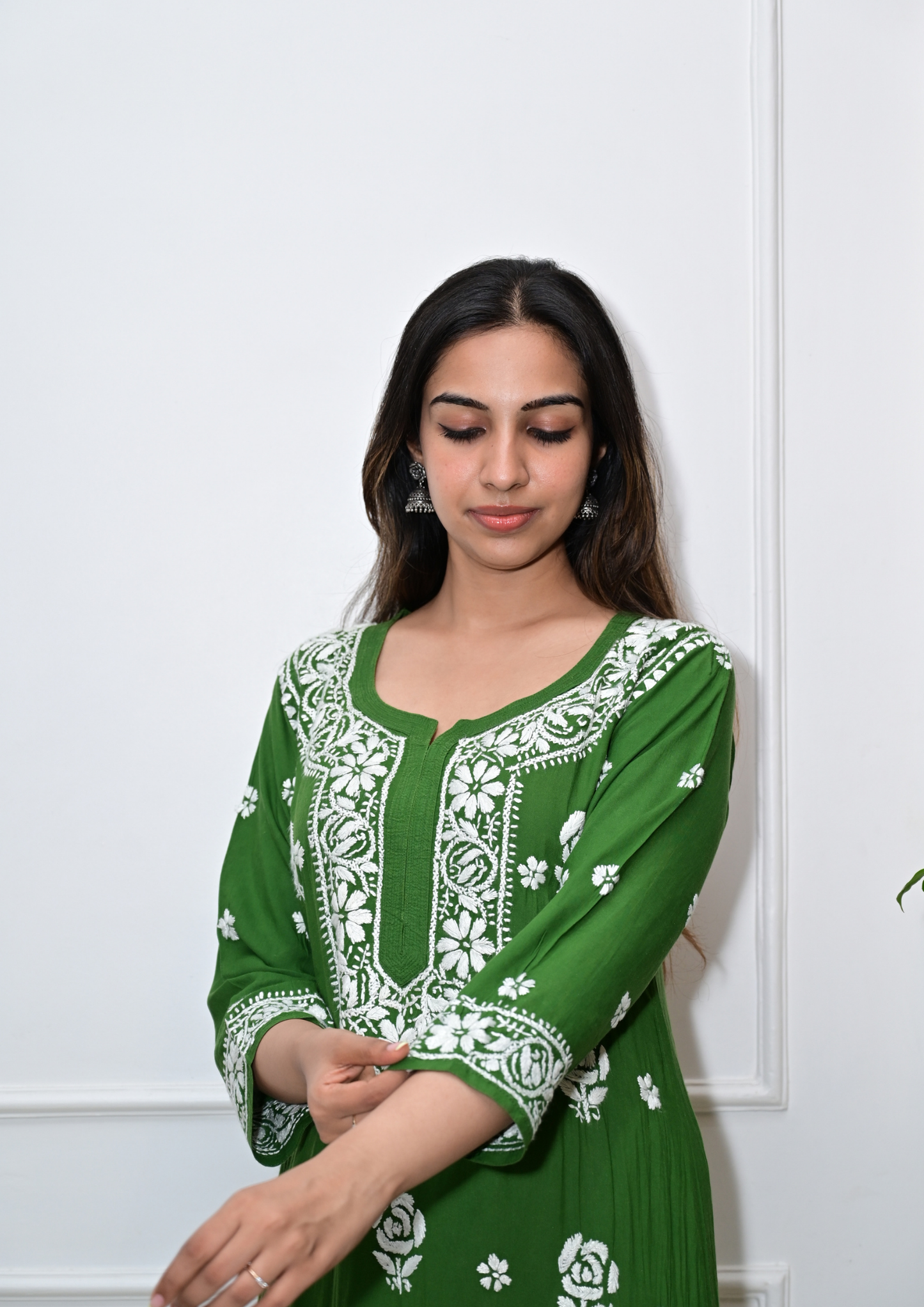 Modal Kurti With Roses Handcrafted All-Over, From Lucknow- Mehendi Green