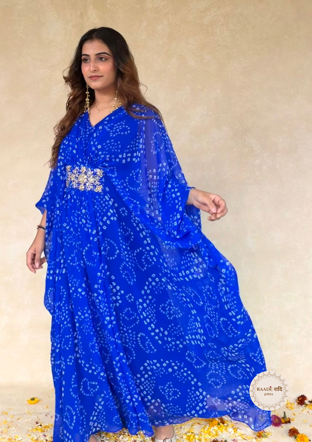 Georgette Ink Blue Bandhani Kaftaan With Handdone Mirror Work