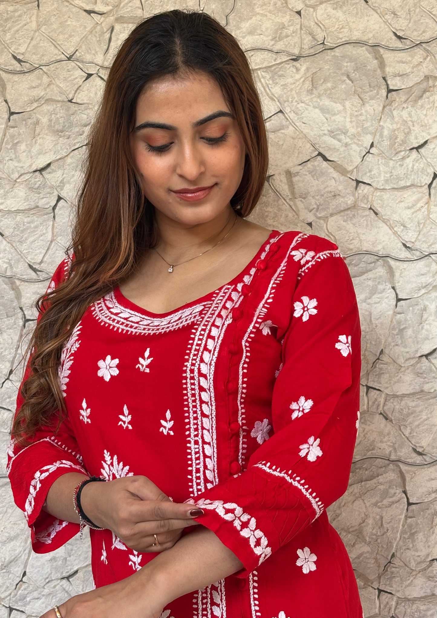 Modal Angrakha Style Kurti With One Side Slit- Red