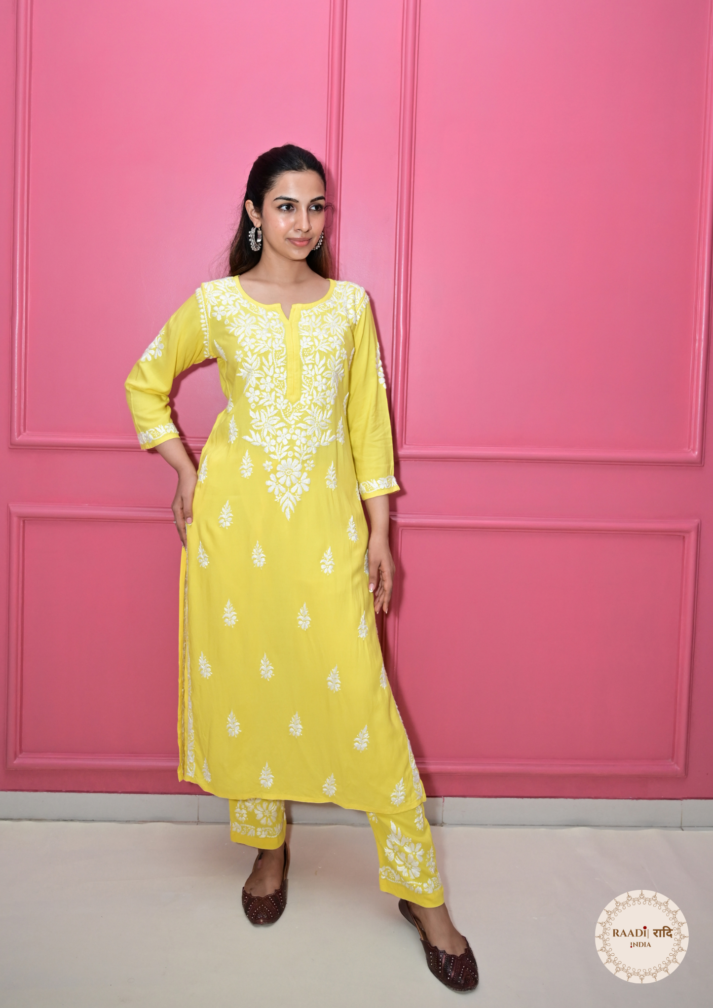 Modal Kurta and Pants Set with Lucknowi Embroidery –Yellow