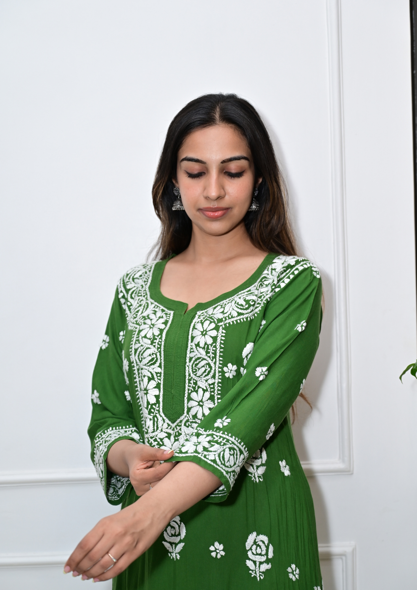 Modal Kurti With Roses Handcrafted All-Over, From Lucknow- Mehendi Green