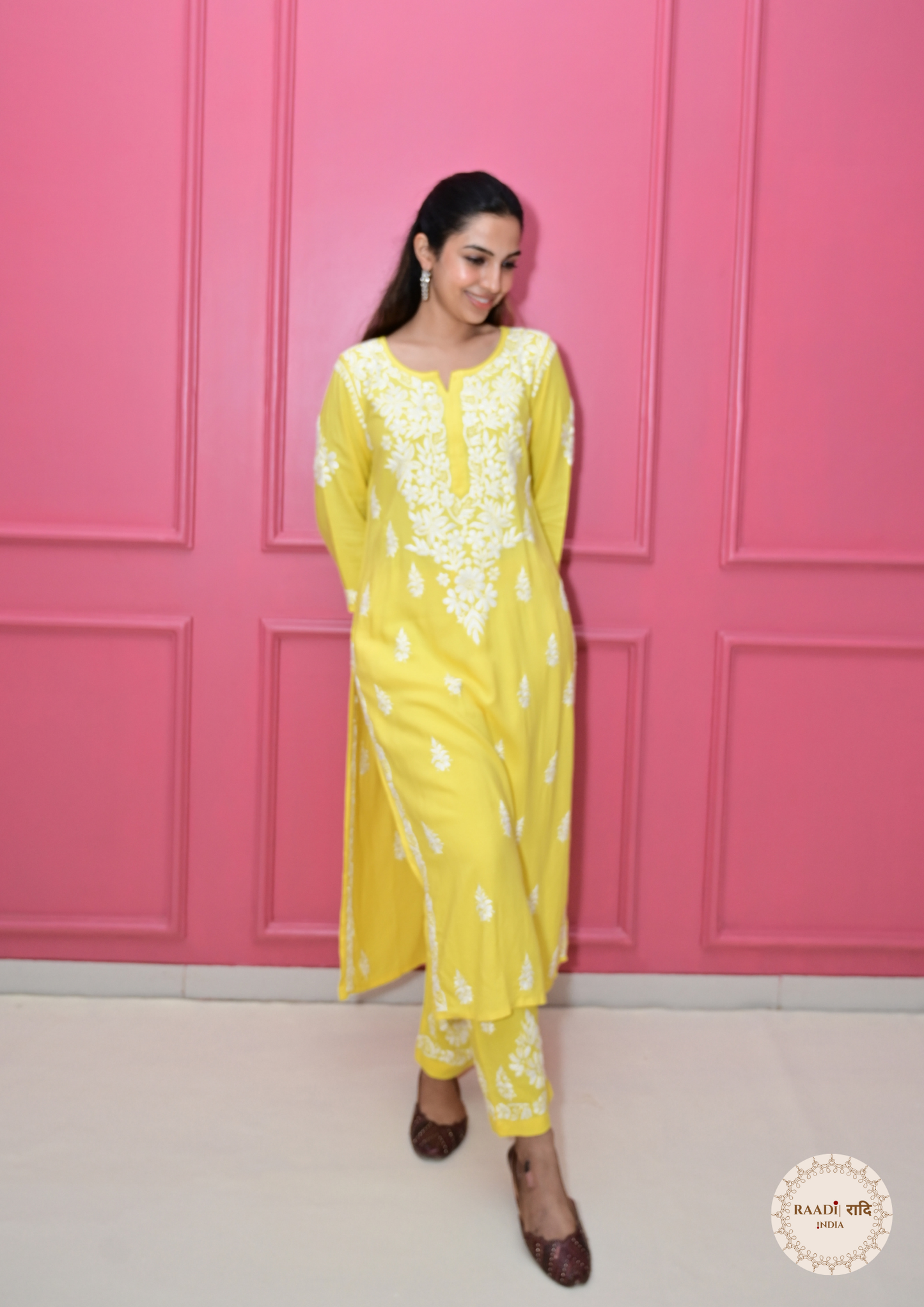 Modal Kurta and Pants Set with Lucknowi Embroidery –Yellow