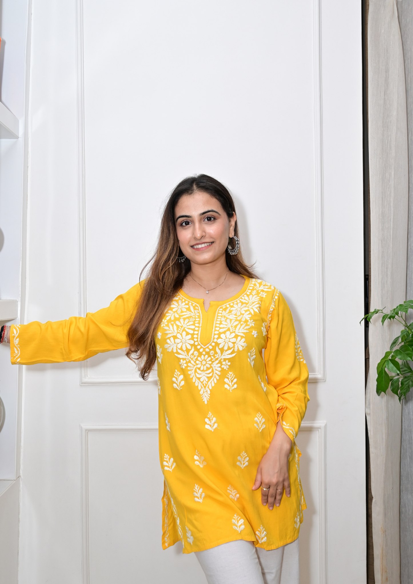 Handcrafted Lucknowi Modal Short Kurti- Yellow