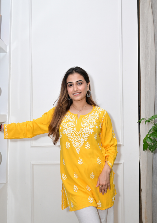 Handcrafted Lucknowi Modal Short Kurti- Yellow