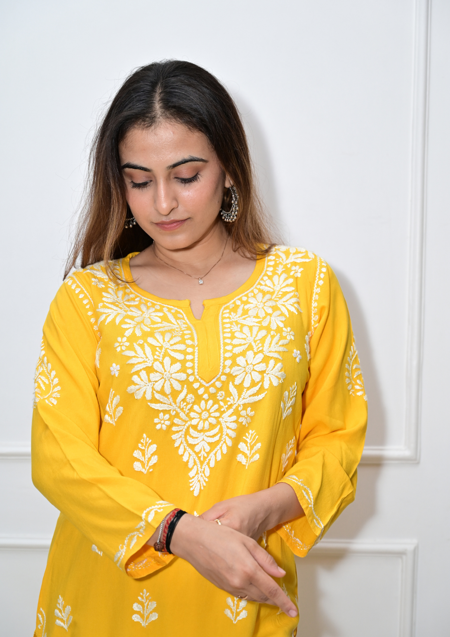 Handcrafted Lucknowi Modal Short Kurti- Yellow