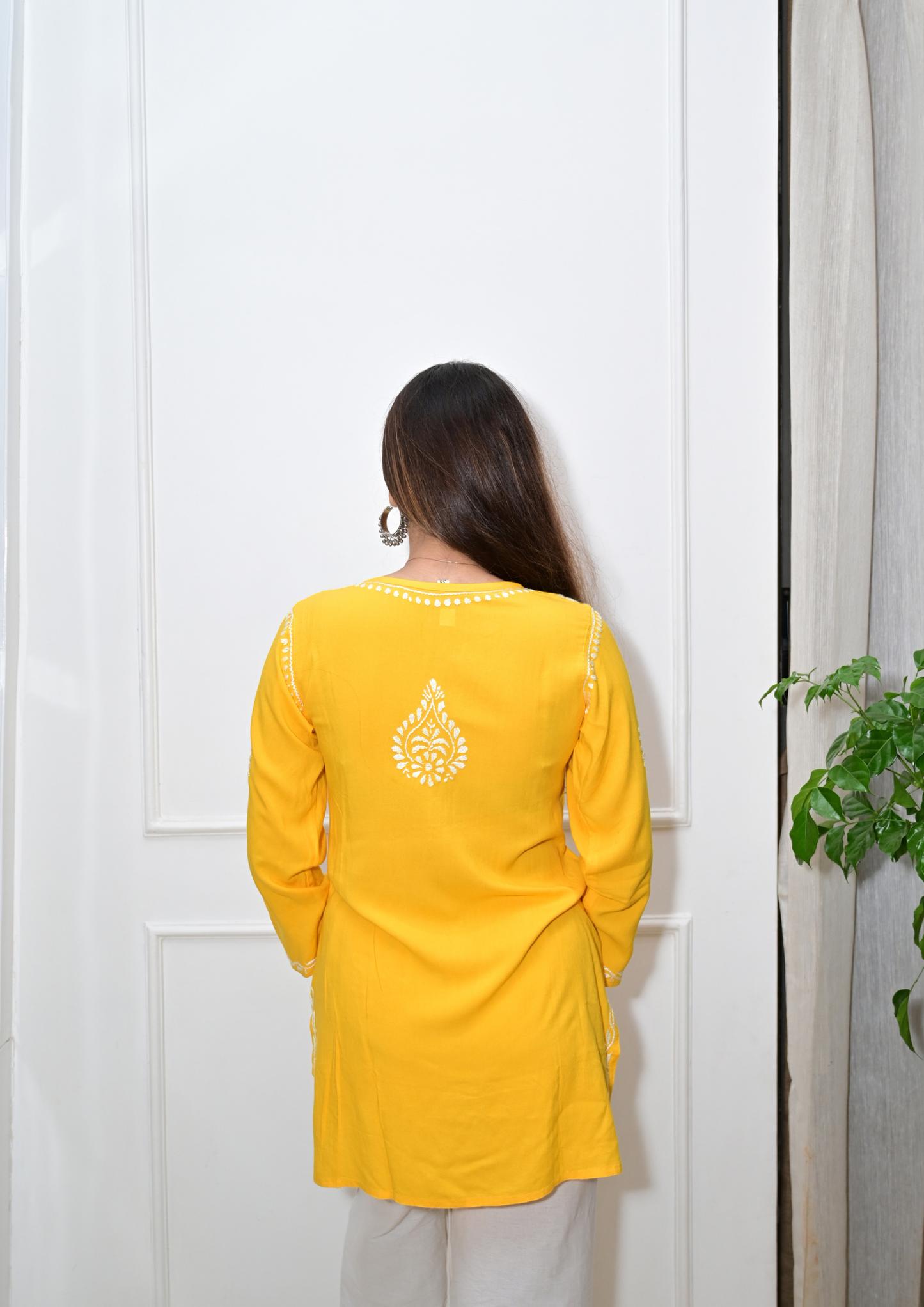 Handcrafted Lucknowi Modal Short Kurti- Yellow