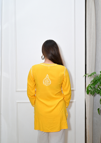 Handcrafted Lucknowi Modal Short Kurti- Yellow