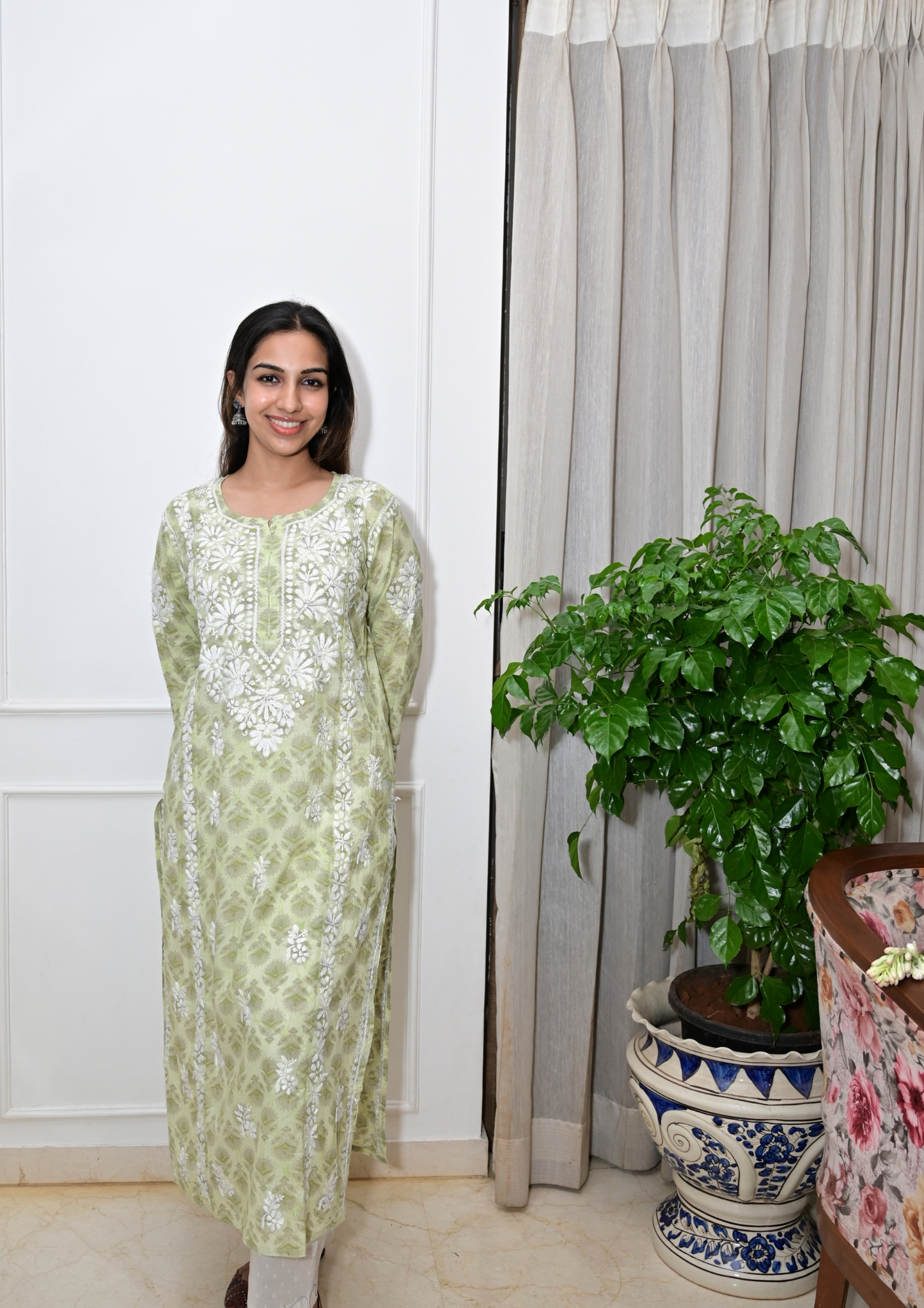 Printed Cotton Chikankari Kurti from Lucknow- Pista Green