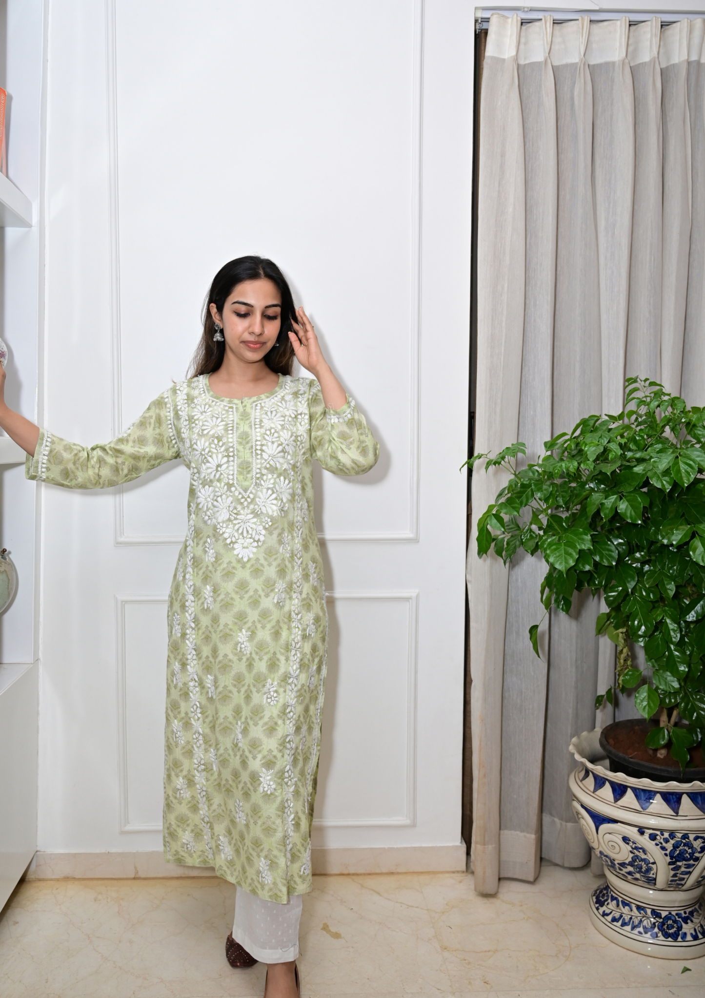 Printed Cotton Chikankari Kurti from Lucknow- Pista Green