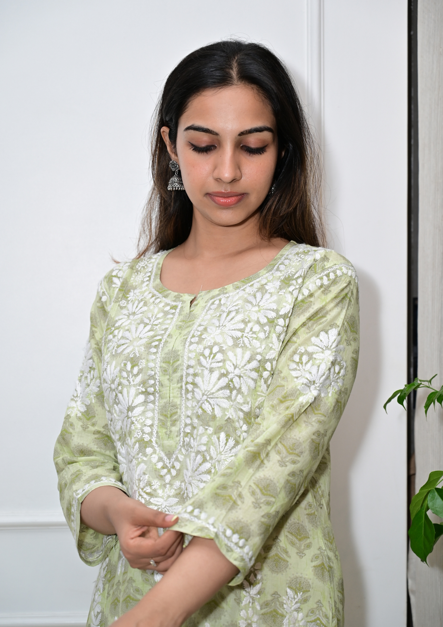 Printed Cotton Chikankari Kurti from Lucknow- Pista Green