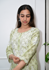 Printed Cotton Chikankari Kurti from Lucknow- Pista Green
