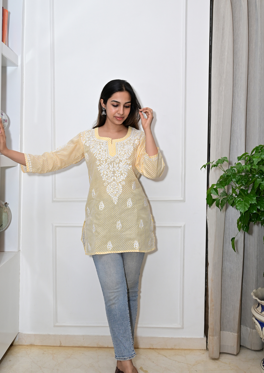 Leheriya Short Kurti- Lemon Yellow
