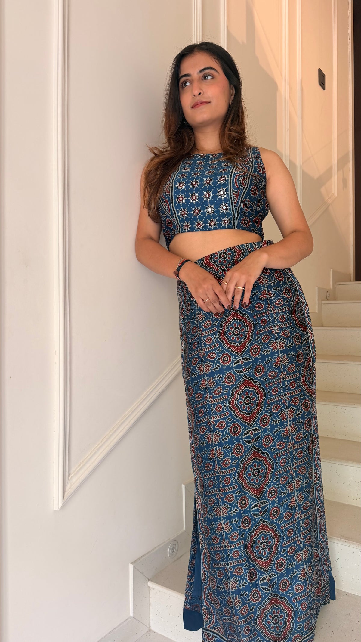 Indigo Ajrakh Modal Silk Skirt Set with Mirror Work