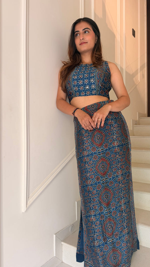 Indigo Ajrakh Modal Silk Skirt Set with Mirror Work