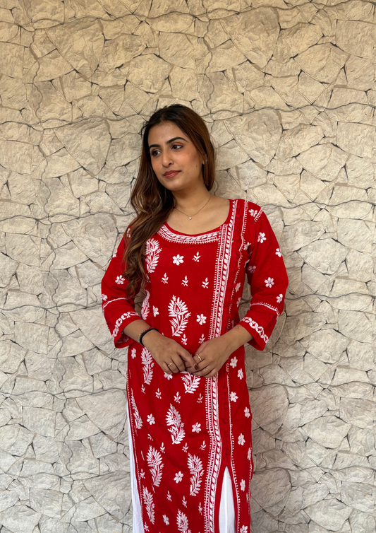 Modal Angrakha Style Kurti With One Side Slit- Red