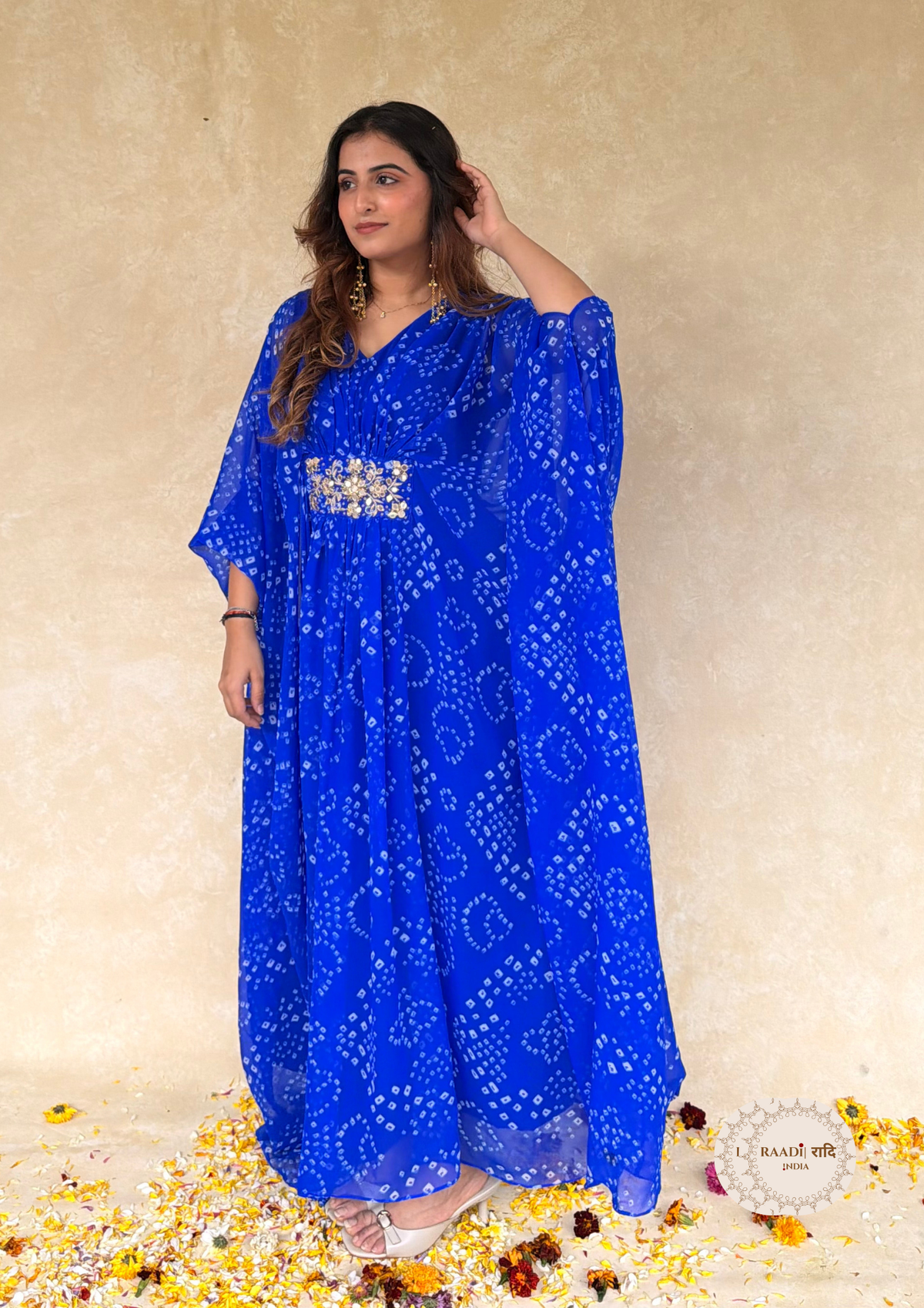 Georgette Ink Blue Bandhani Kaftaan With Handdone Mirror Work