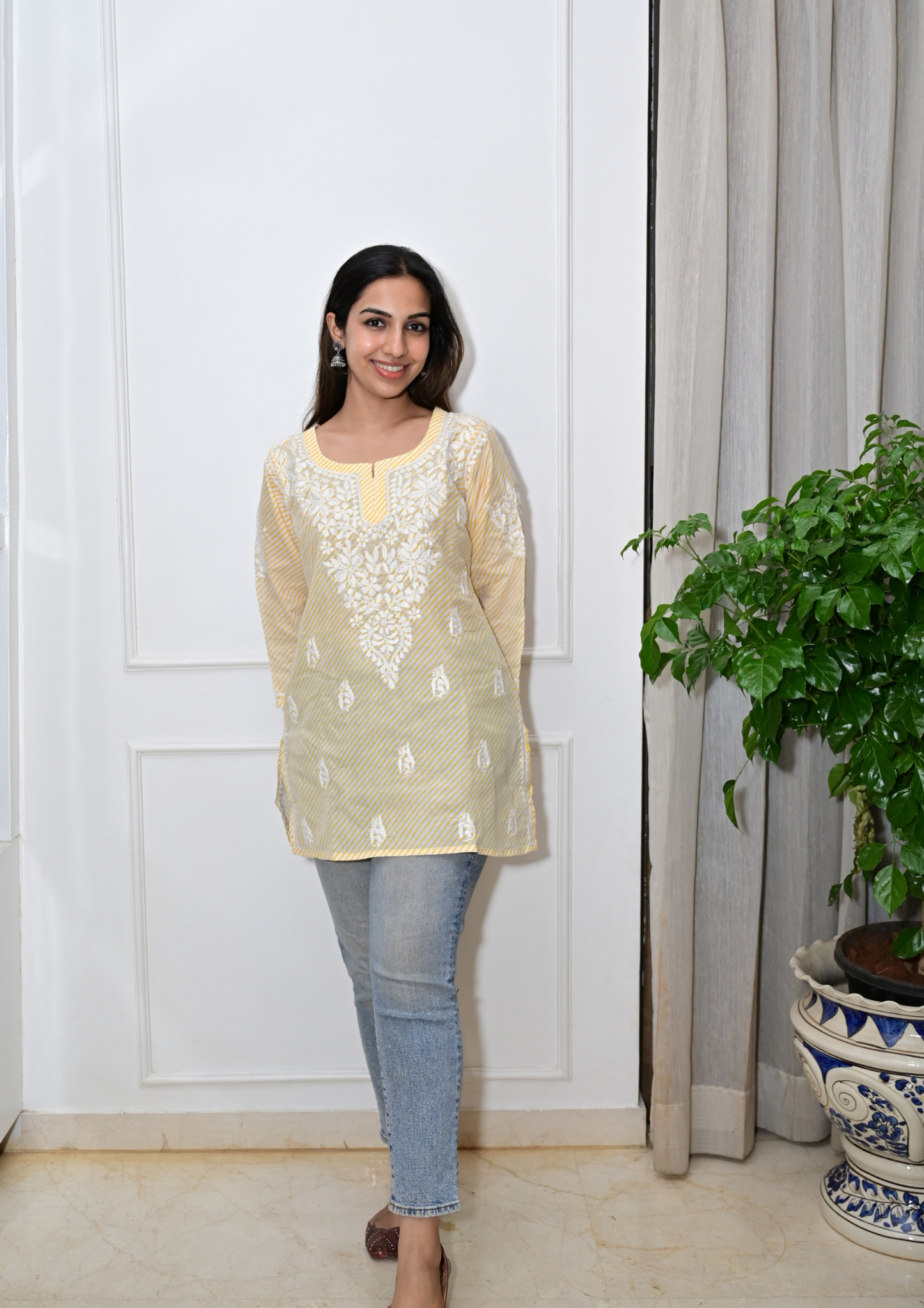 Leheriya Short Kurti- Lemon Yellow