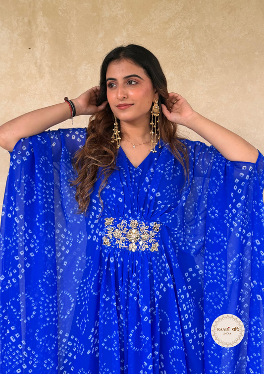 Georgette Ink Blue Bandhani Kaftaan With Handdone Mirror Work