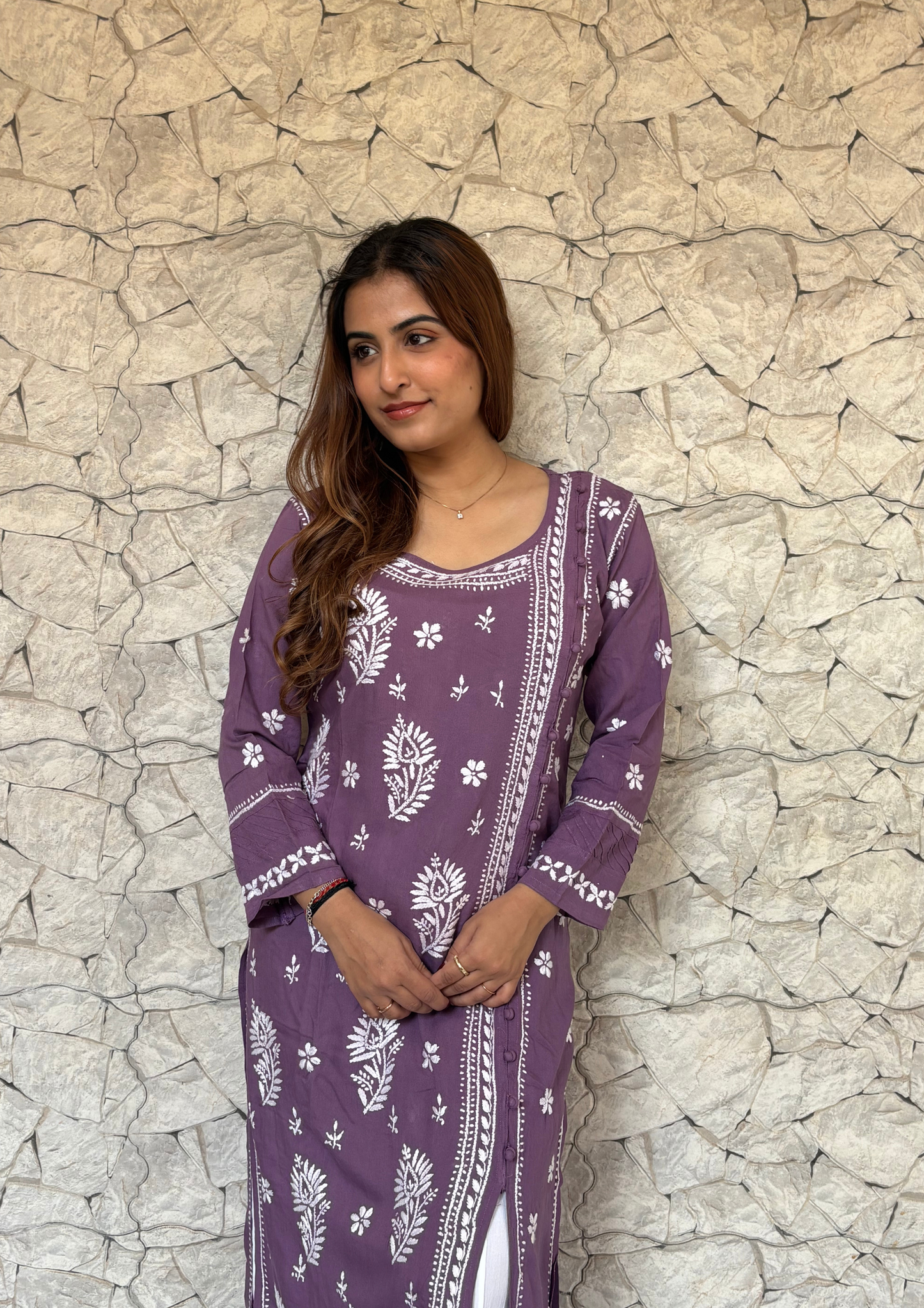 Modal Angrakha Style Kurti With One Side Slit- Lilac