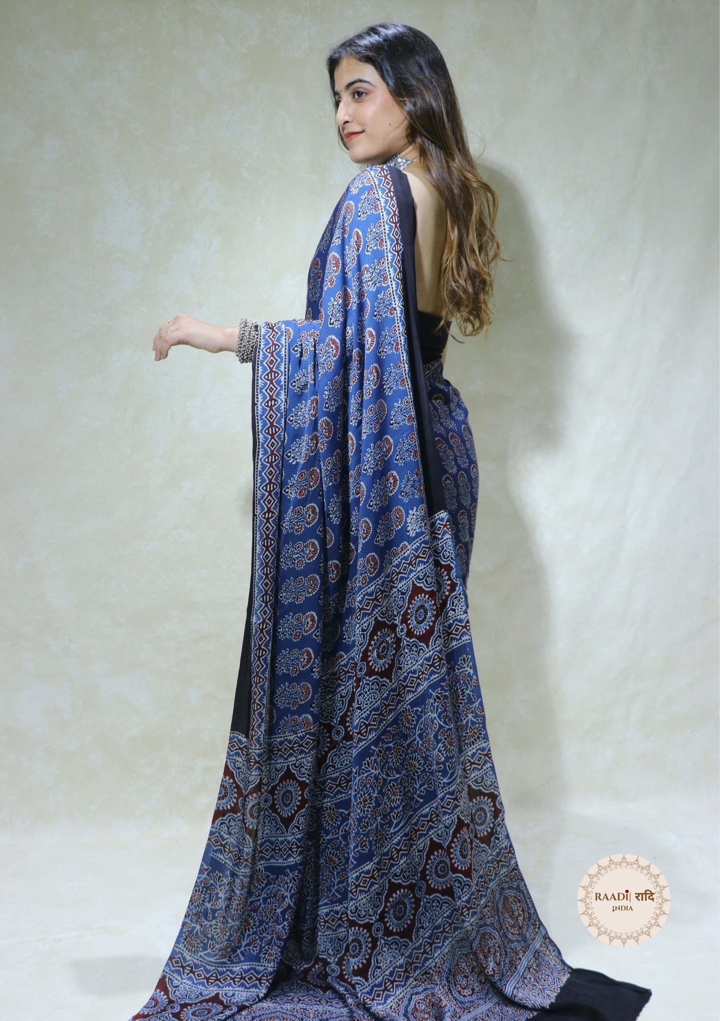 Ajrakh Modal Silk Saree from Kutch – Handcrafted with Natural Dyes