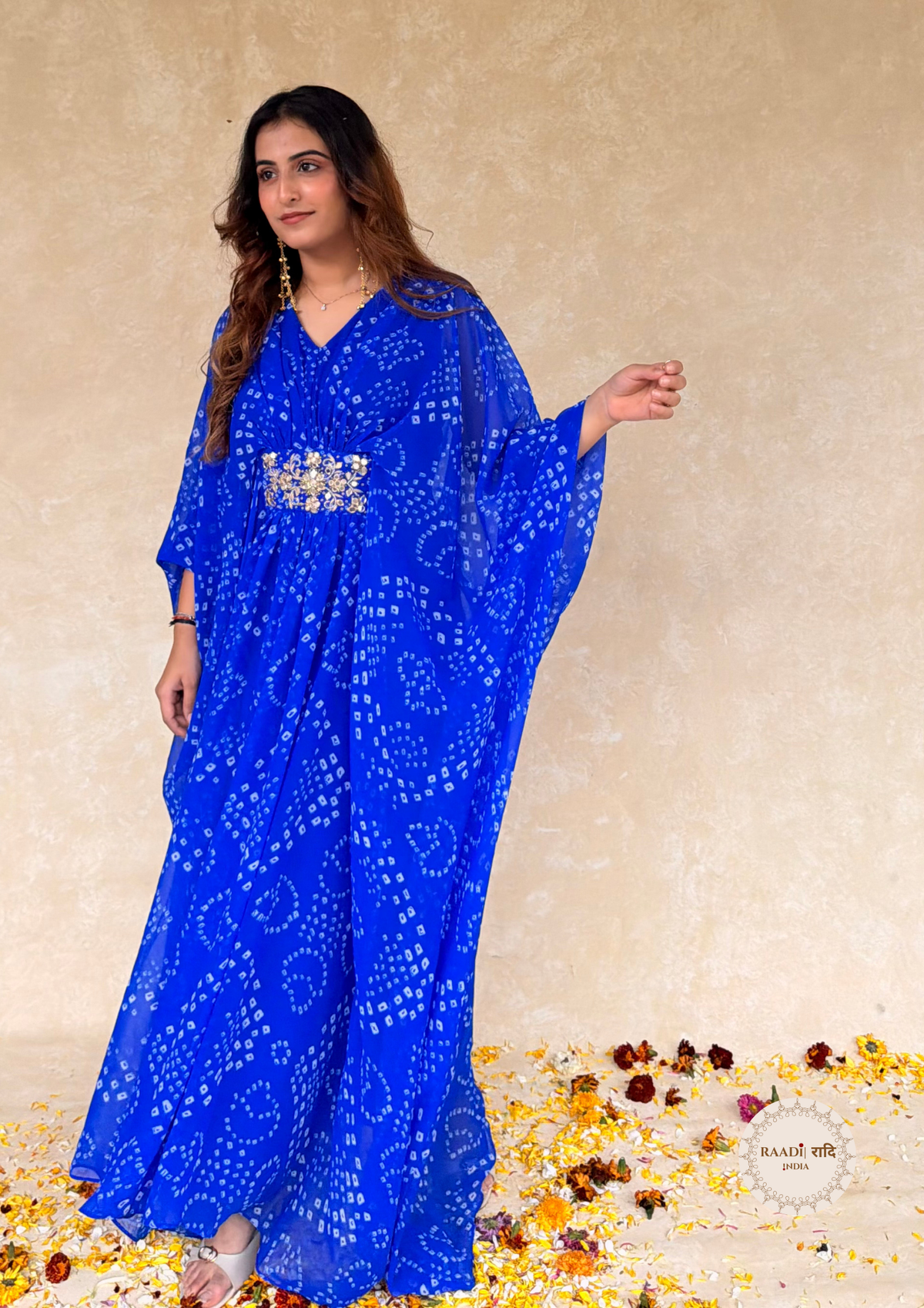 Georgette Ink Blue Bandhani Kaftaan With Handdone Mirror Work
