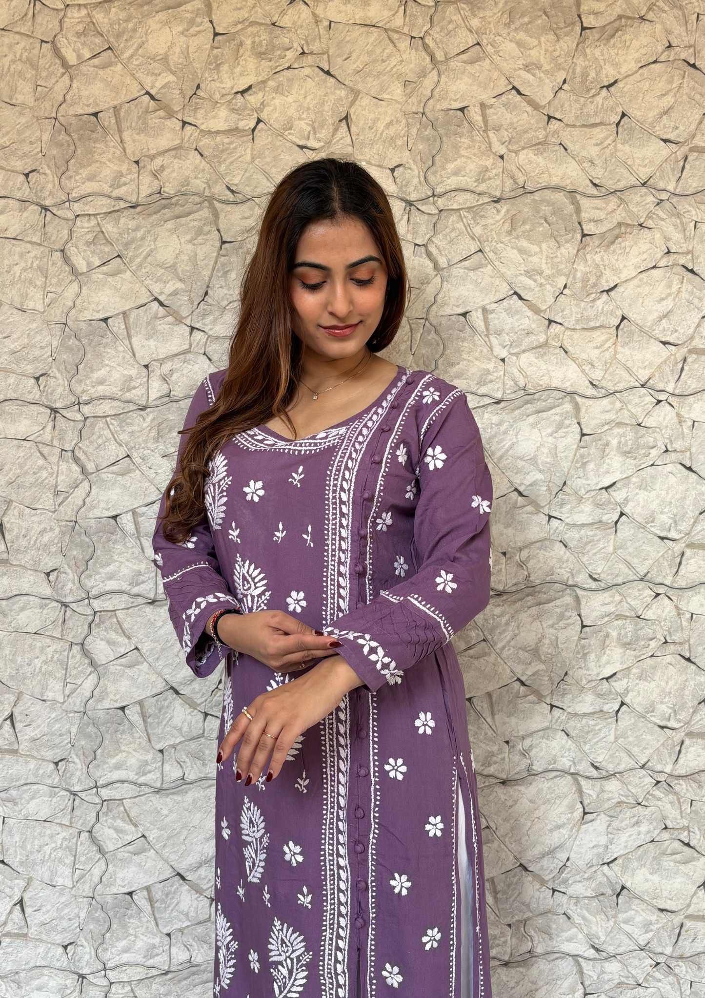 Modal Angrakha Style Kurti With One Side Slit- Lilac